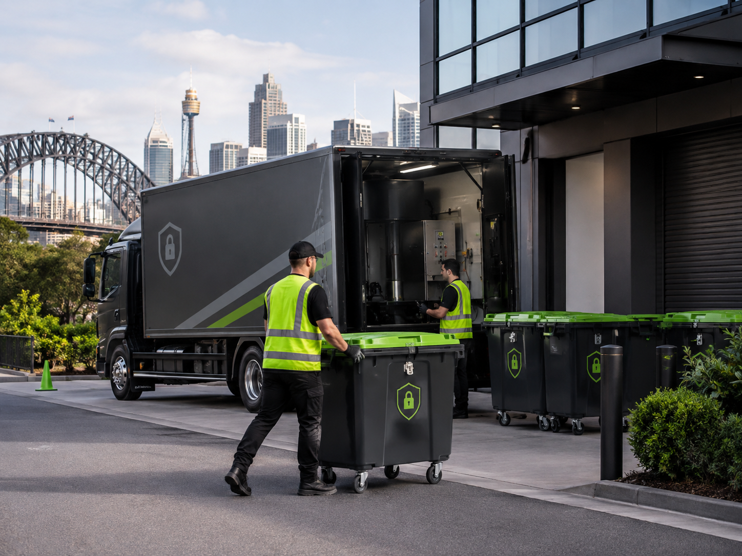 On-site data destruction truck and secure bins at a Sydney business location