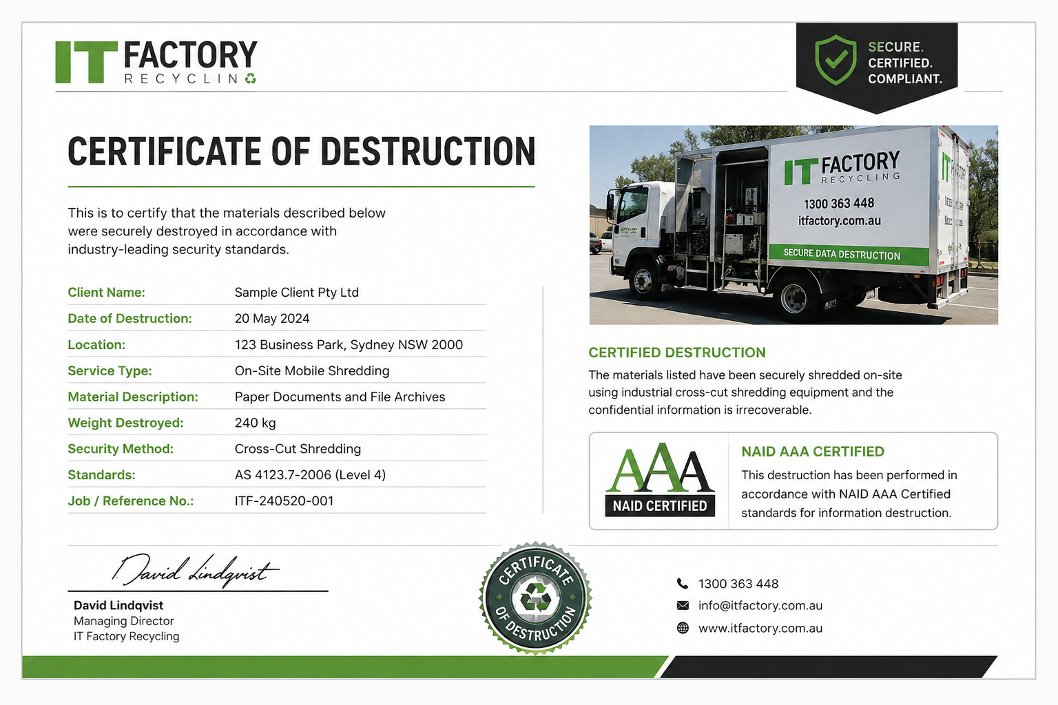 Redacted sample certificate of destruction issued by IT Factory