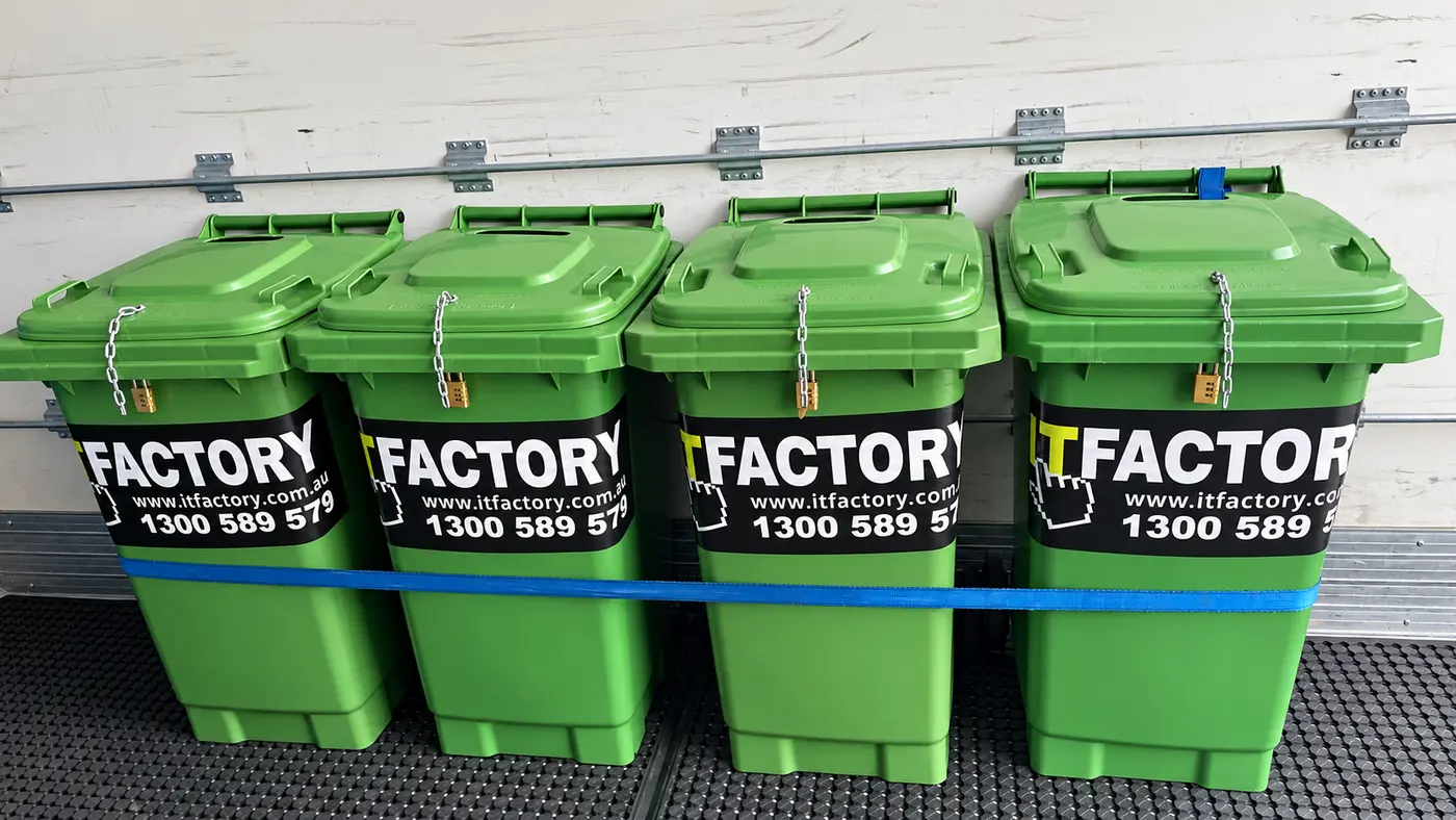 Locked IT Factory bins prepared for secure off-site ICT collection
